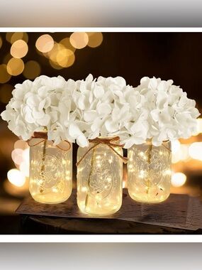 Set of 3 Mason Jar with Lights White Hydrangea Decorative Jars
